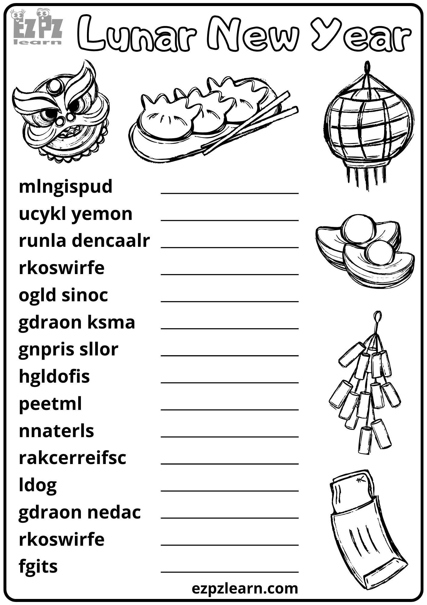 Lunar new year and chinese new year word scramble 15 words vocabulary